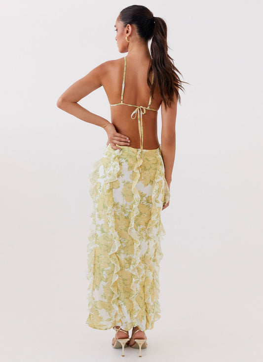 Yellow Floral Halter Neck Cut - Out Maxi Dress