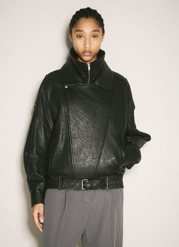 Black Asymmetric Leather Jacket with Belt