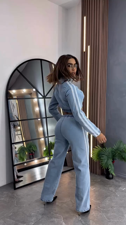 Embellished Denim Crop Jacket and Jogger Set