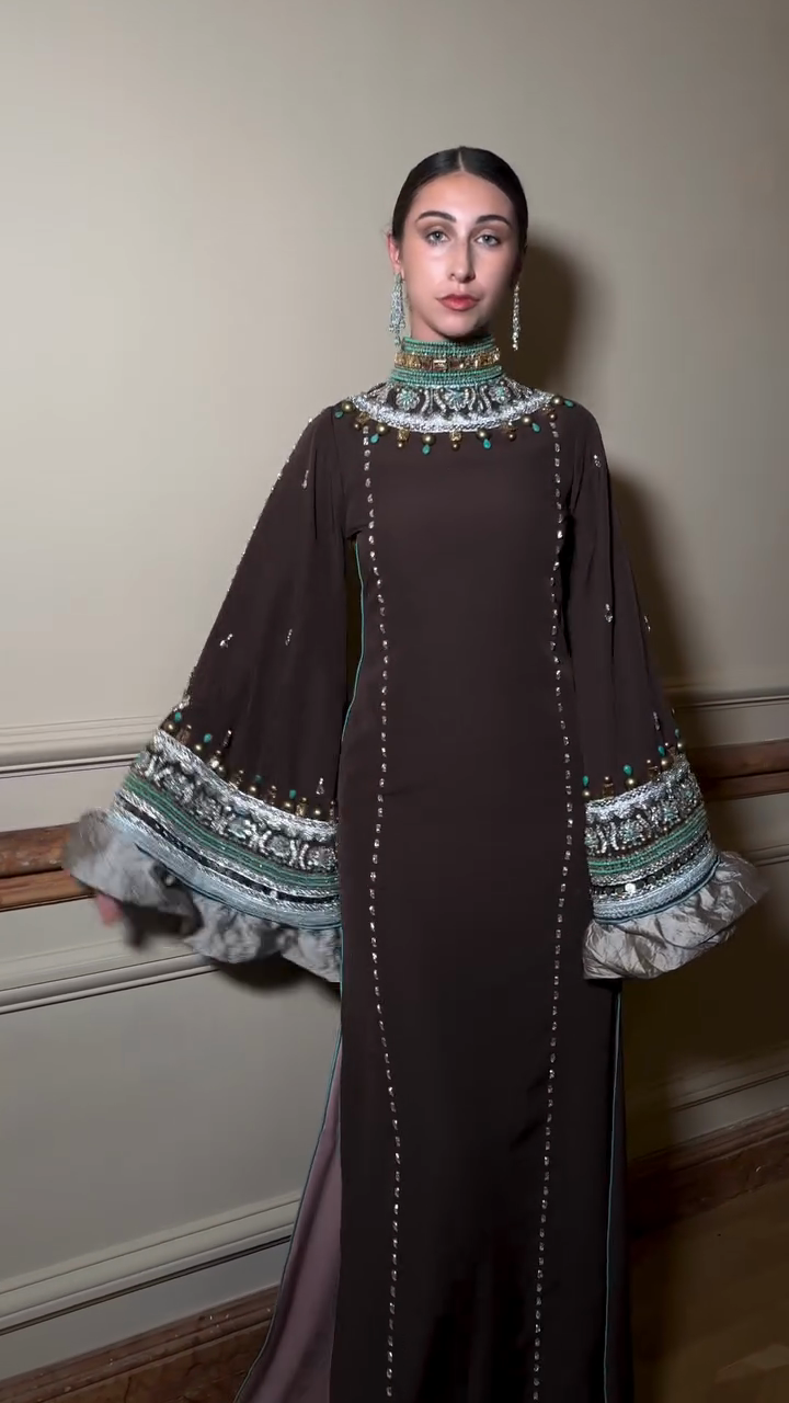 Brown Embellished Maxi Dress with Bell Sleeves