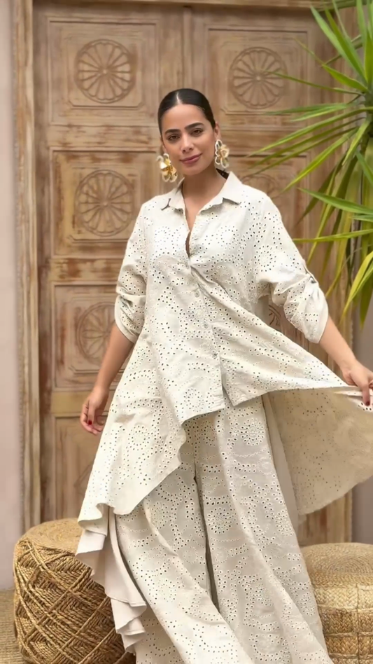 Beige Eyelet Embroidered Shirt - Skirt Co - ord Set