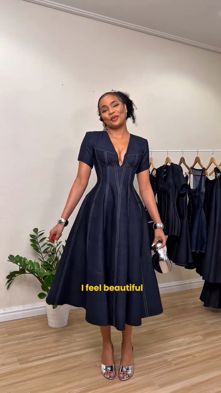 Navy Blue V - neck Midi Dress with Topstitching Details