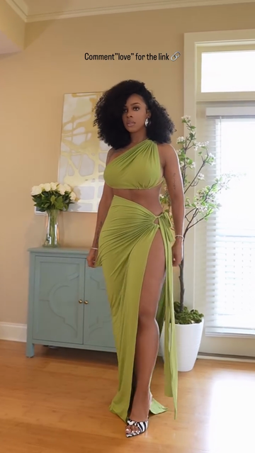 Green One Shoulder Cutout Top and Maxi Skirt Set