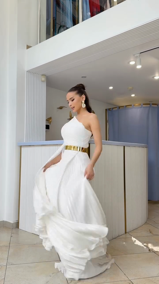 White One Shoulder Cape Sleeve Dress