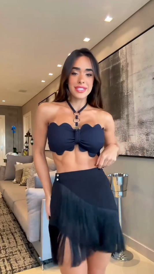 Navy Blue Scalloped - edge Crop Top and Fringe Skirt Set