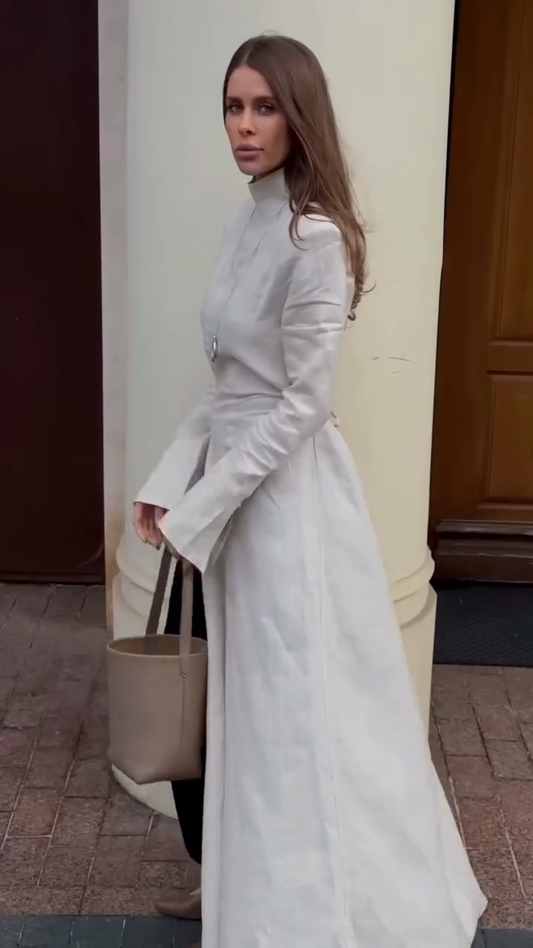 White High - Neck Long - Sleeve Maxi Dress