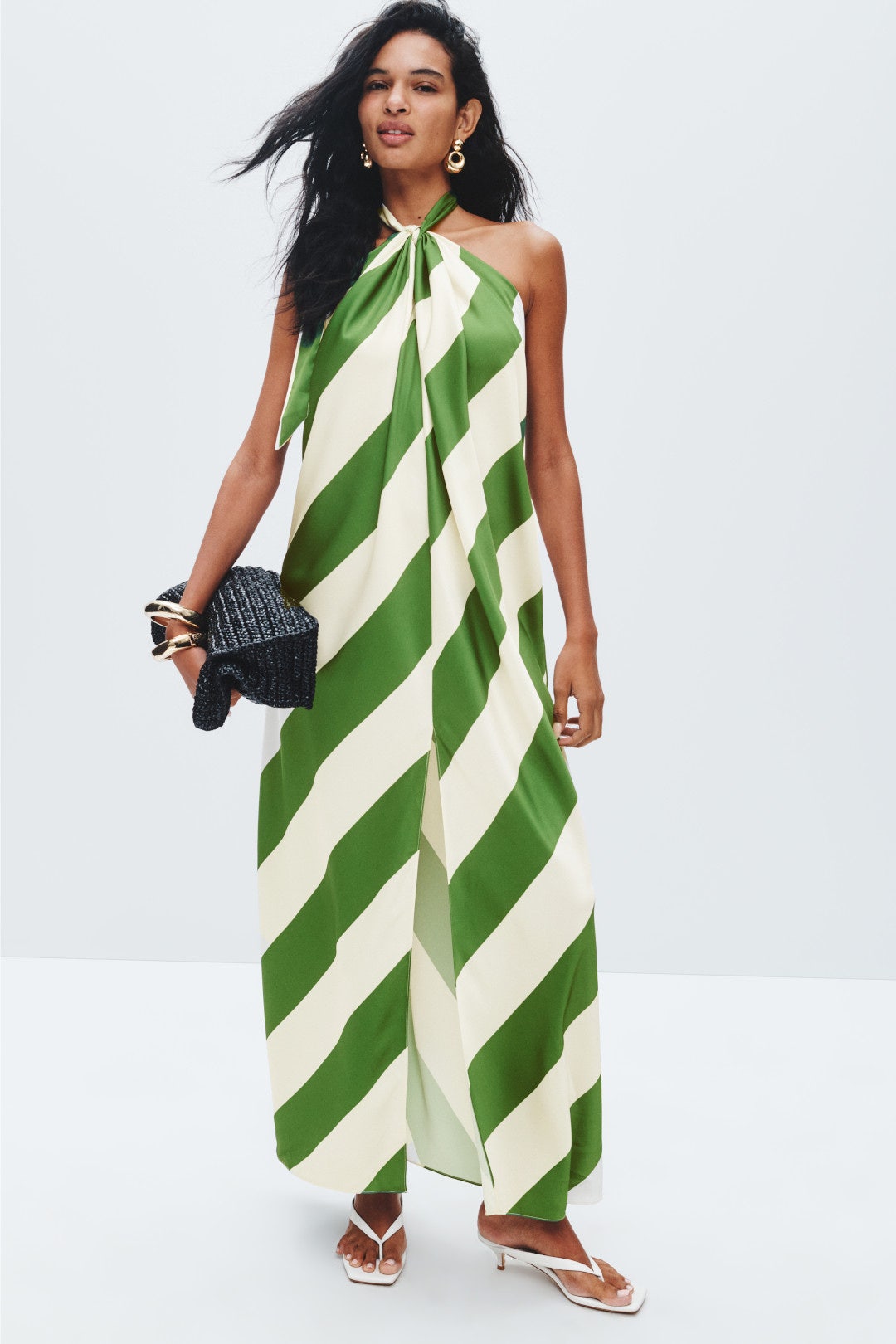 Green and White Striped Halter Maxi Dress