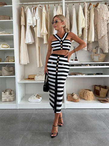 Striped Knit Crop Top and Midi Skirt Set