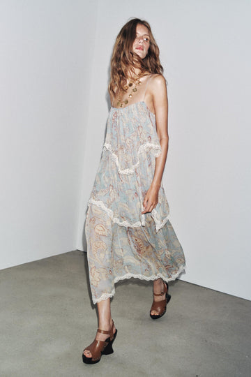 Floral - Print Chiffon Maxi Dress with Lace Trim