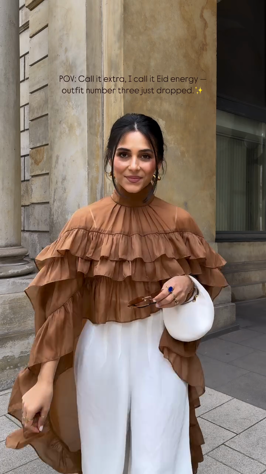 Brown Ruffled Cape - style Top with White Wide - leg Pants