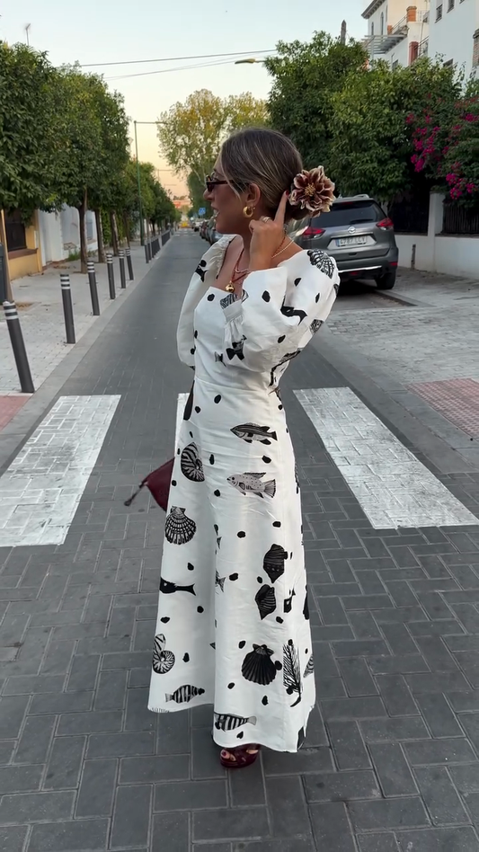 White Midi Dress with Black Marine - themed Print