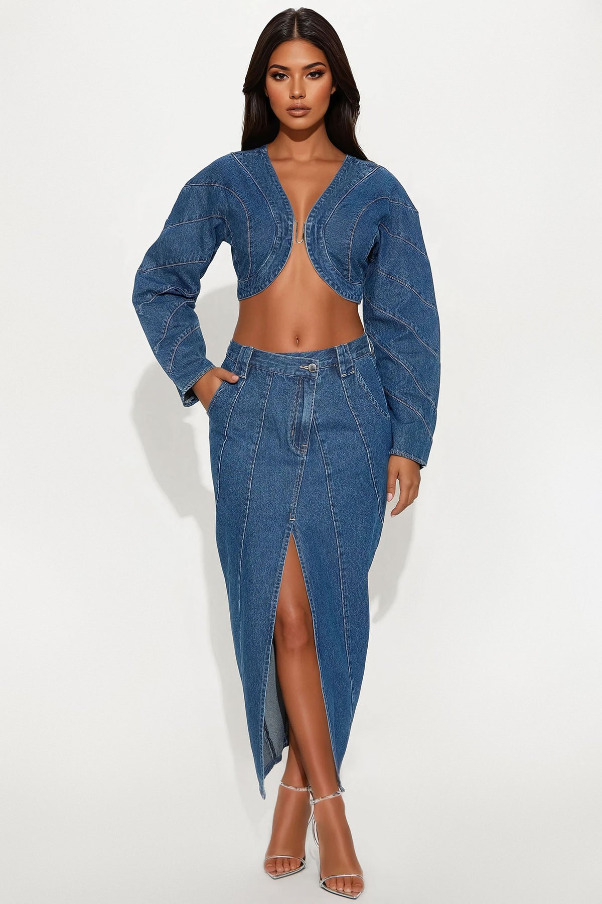 Denim Crop Jacket & Slit Midi Skirt Set