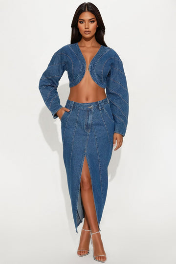 Denim Crop Jacket & Slit Midi Skirt Set