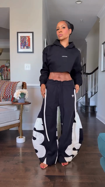 Black Cropped Hoodie and Graphic Wide - Leg Pants Set