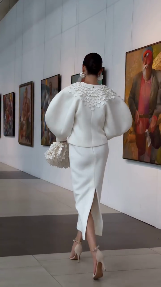 White Floral Embellished Puff Sleeve Jacket