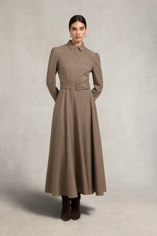 Brown Houndstooth Belted Maxi Shirt Dress