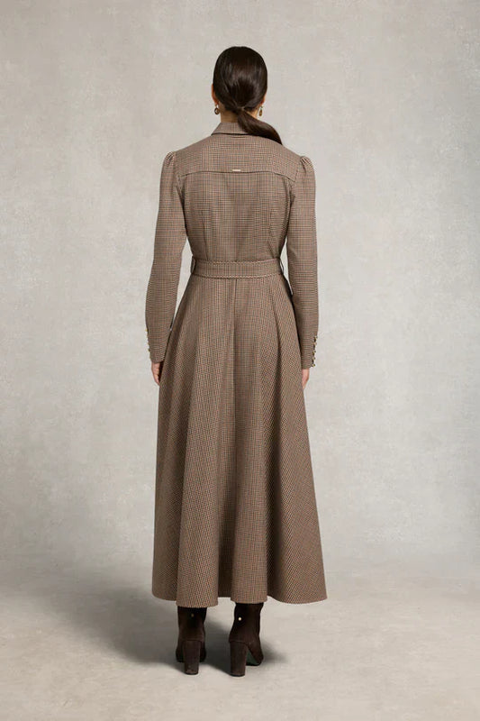 Brown Houndstooth Belted Maxi Shirt Dress