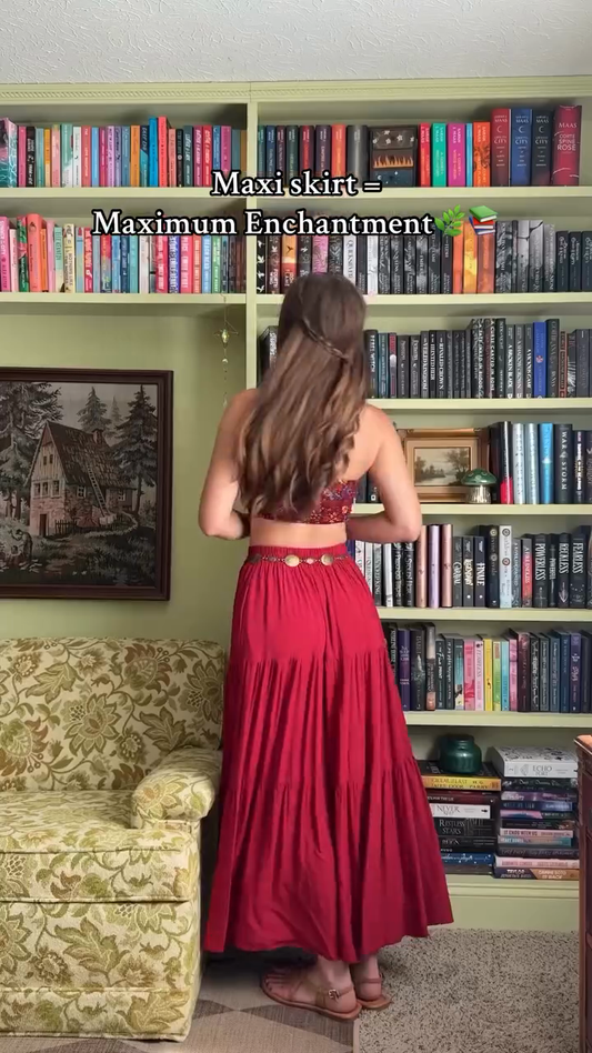 Red Boho - style Crop Top and Maxi Skirt Set