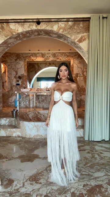 White Off-The-Shoulder Tassel Maxi Dress