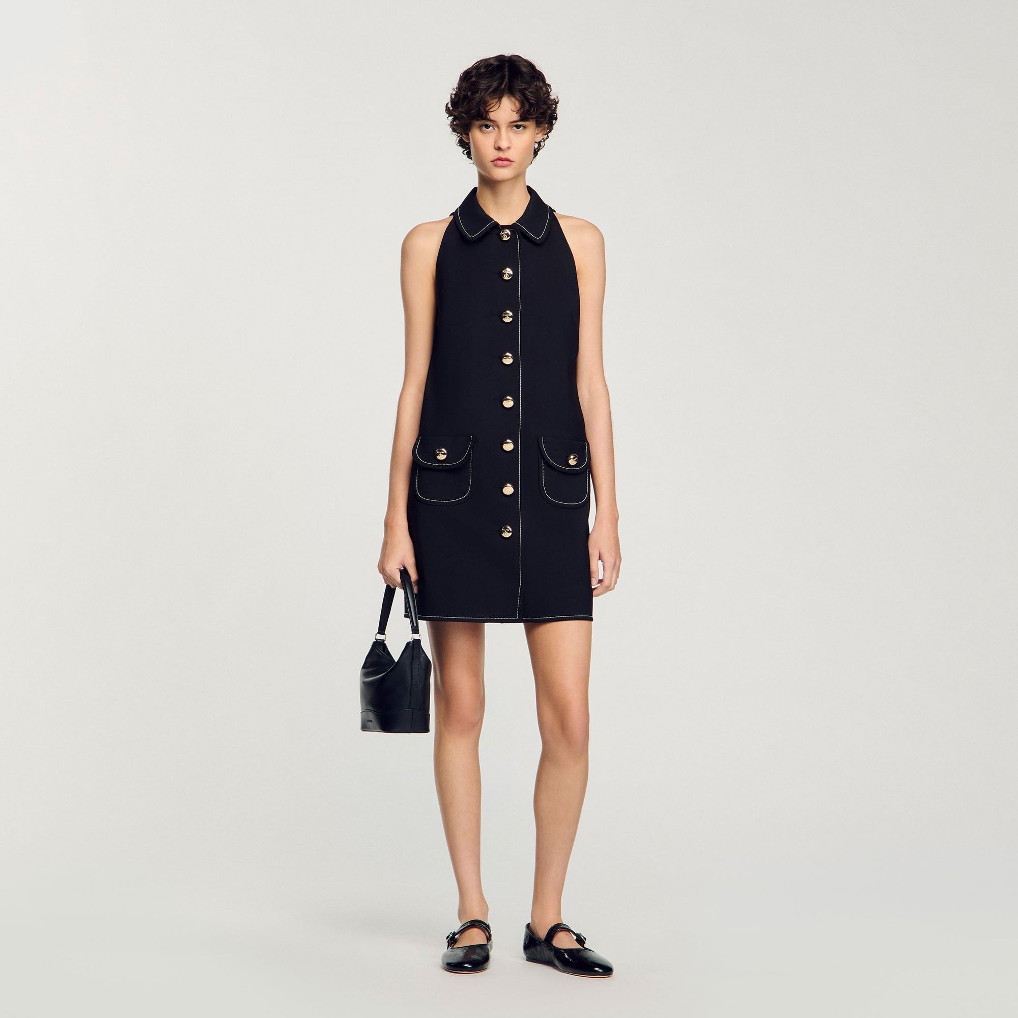 Black Sleeveless Collared Mini Dress