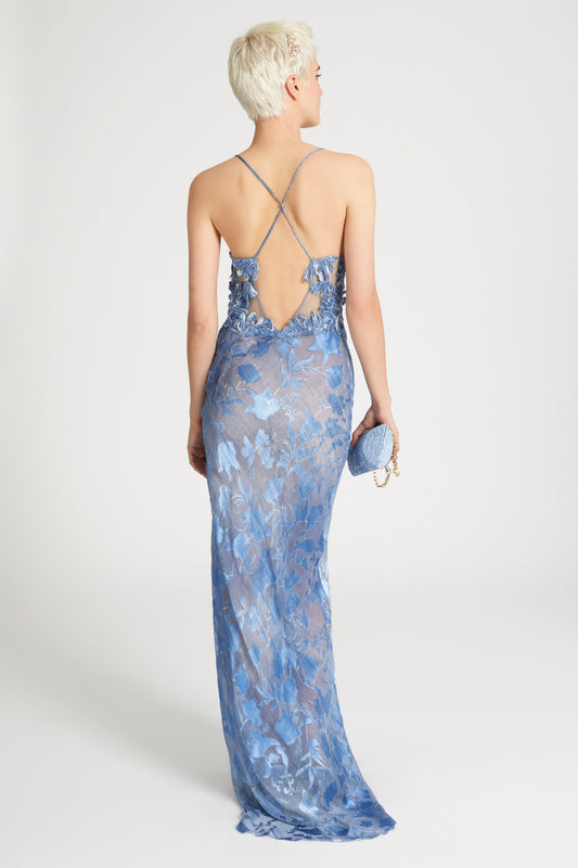 Blue Floral Print See-Through Mermaid Style Maxi Dress