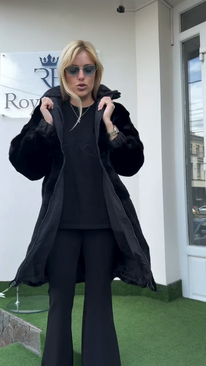 Black Faux Fur Reversible Coat with Oversized Silhouette