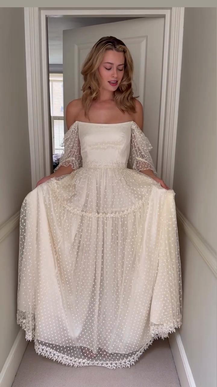 Off-the-shoulder White Polka Dot See-through Maxi Dress