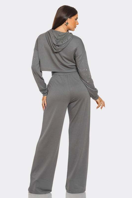 Grey Cropped Hoodie and Wide - leg Pants Loungewear Set