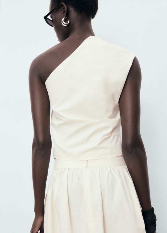 Cream - Colored One - Shoulder Top and Floral Skirt Set