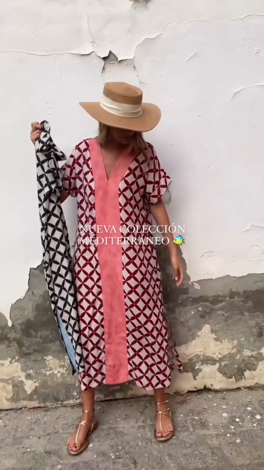 Geometric Print V - Neck Midi Dress with Contrast Panel