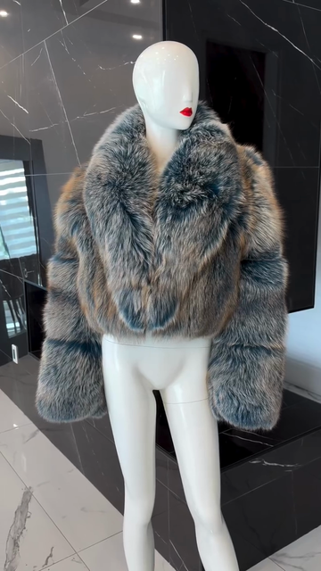 Blue - Gray Faux Fur Cropped Jacket