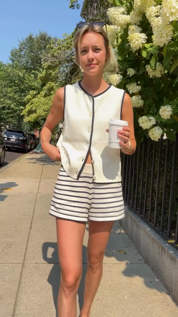 Cream Sleeveless Knit Vest and Striped Shorts Set