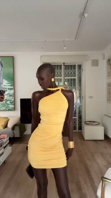 Yellow One - Shoulder Ruched Mini Dress