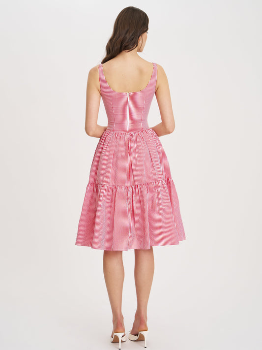 Pink and White Striped Corset Midi Dress