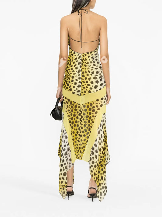 Yellow Leopard - Print Halter Neck Maxi Dress