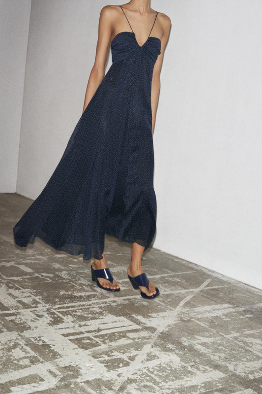 Navy Polka Dot Spaghetti - Strap Maxi Dress