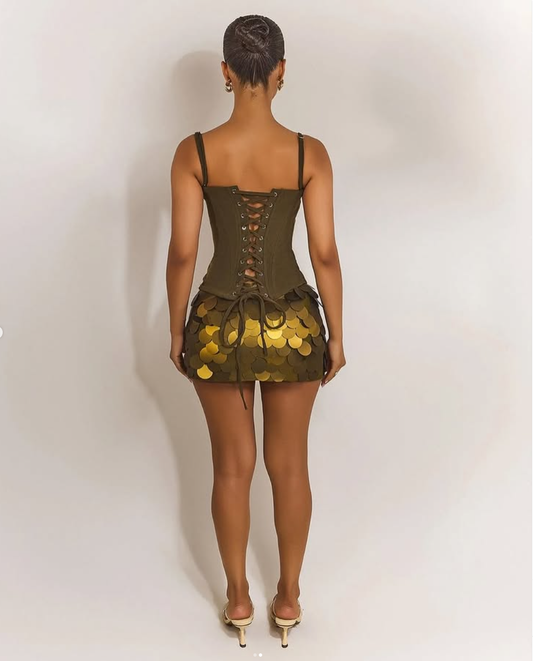 Olive Green Corset Top with Gold Scale - patterned Mini Skirt Set