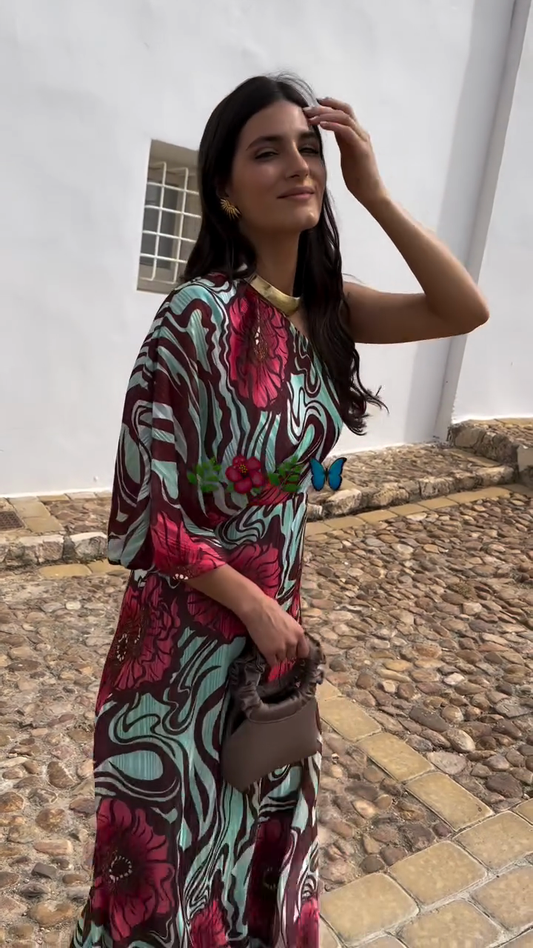 Floral Print One - Shoulder Maxi Dress with Slit