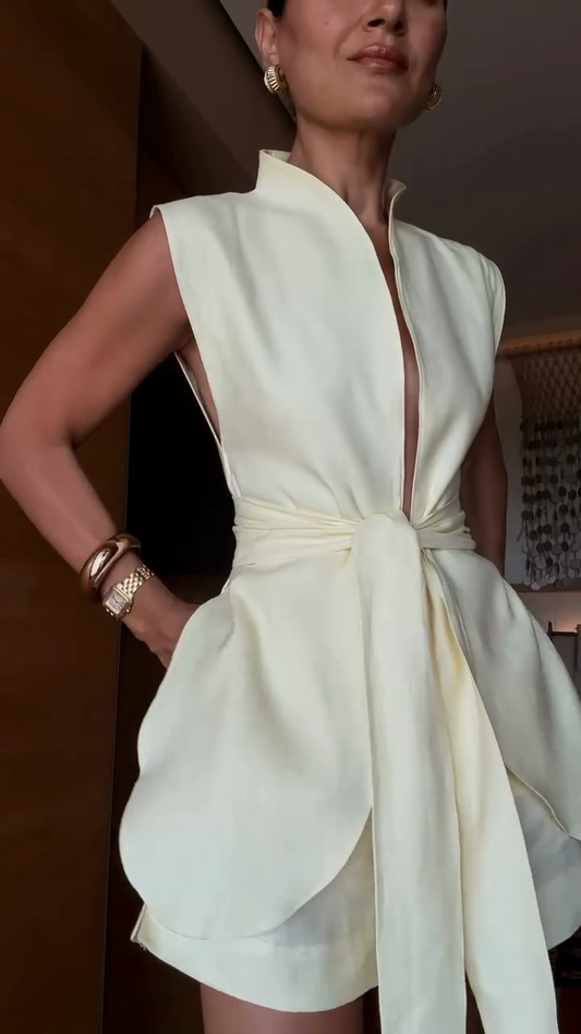 Cream Deep V Neck Sleeveless Top and Shorts Set