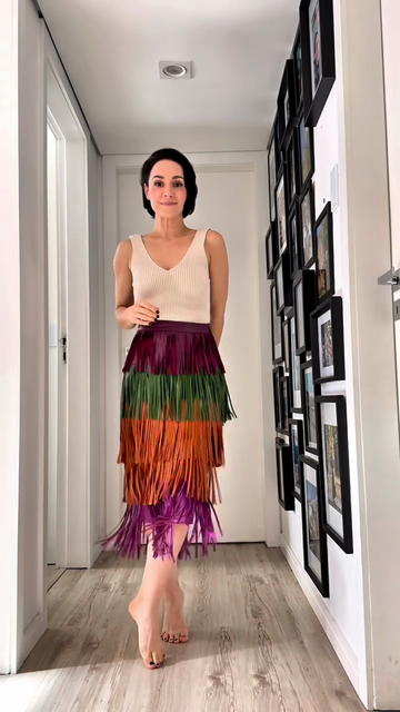 Ribbed Vest And Colorful Cringe Midi Skirt Set