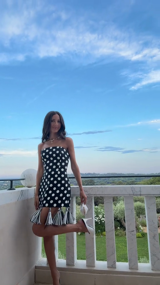 Black and White Polka Dot Strapless Mini Dress with Tassels