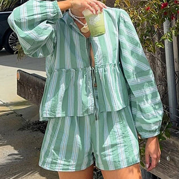 Striped Long - Sleeve Crop Top and Shorts Set