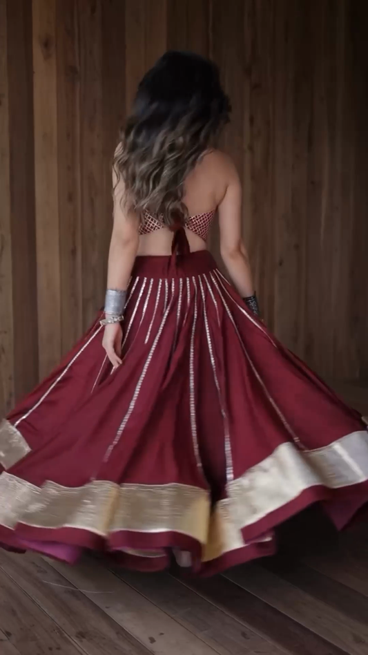 Embroidered Halter Crop Top and Maroon Skirt Set