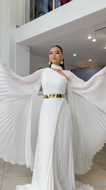 White One Shoulder Cape Sleeve Dress