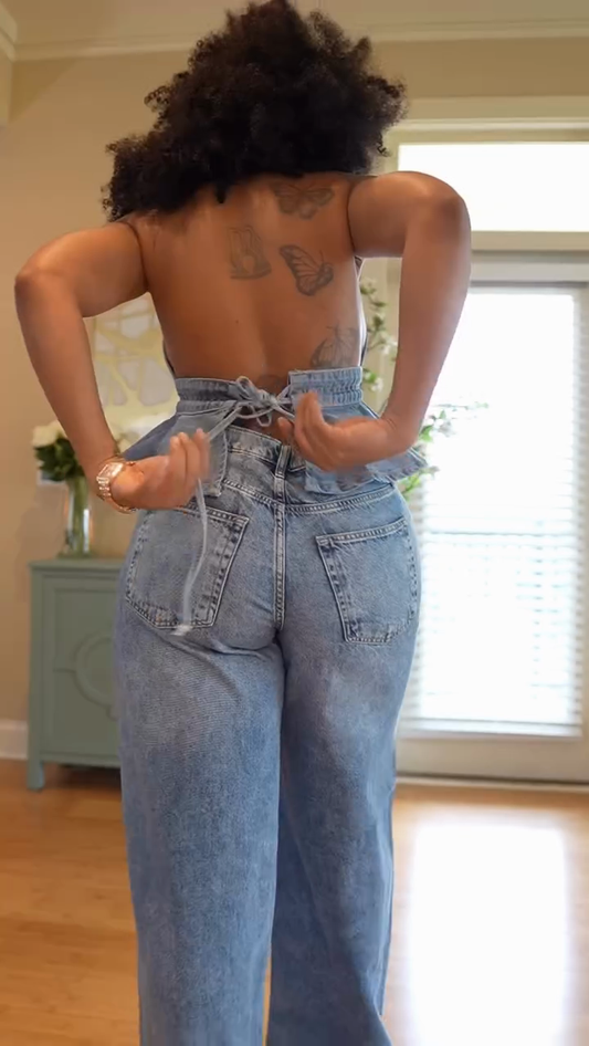 Denim Halterneck Ruffle Top and Wide-Leg Jeans Set