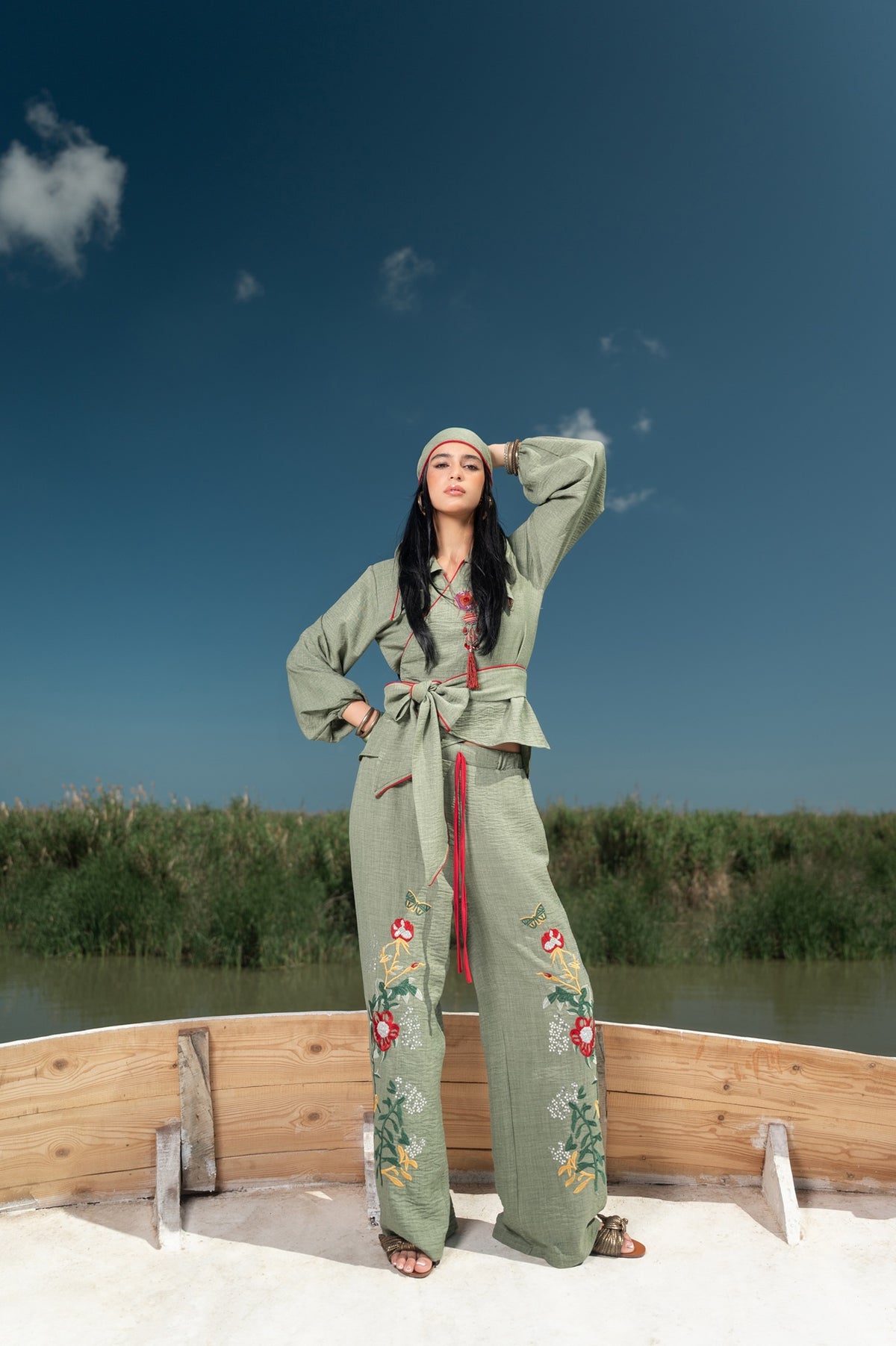 Green Embroidered Linen Co - ord Set