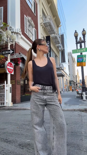 Black Vest And Wide-Leg Jeans With Rhinestones Set