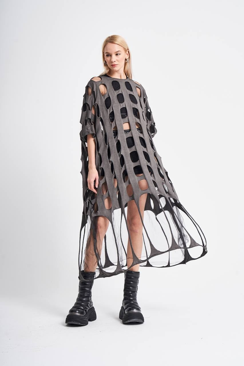 Grey Cut - Out Poncho - Style Dress