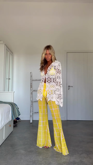 White Crochet Top with Yellow Plaid Pants Outfit