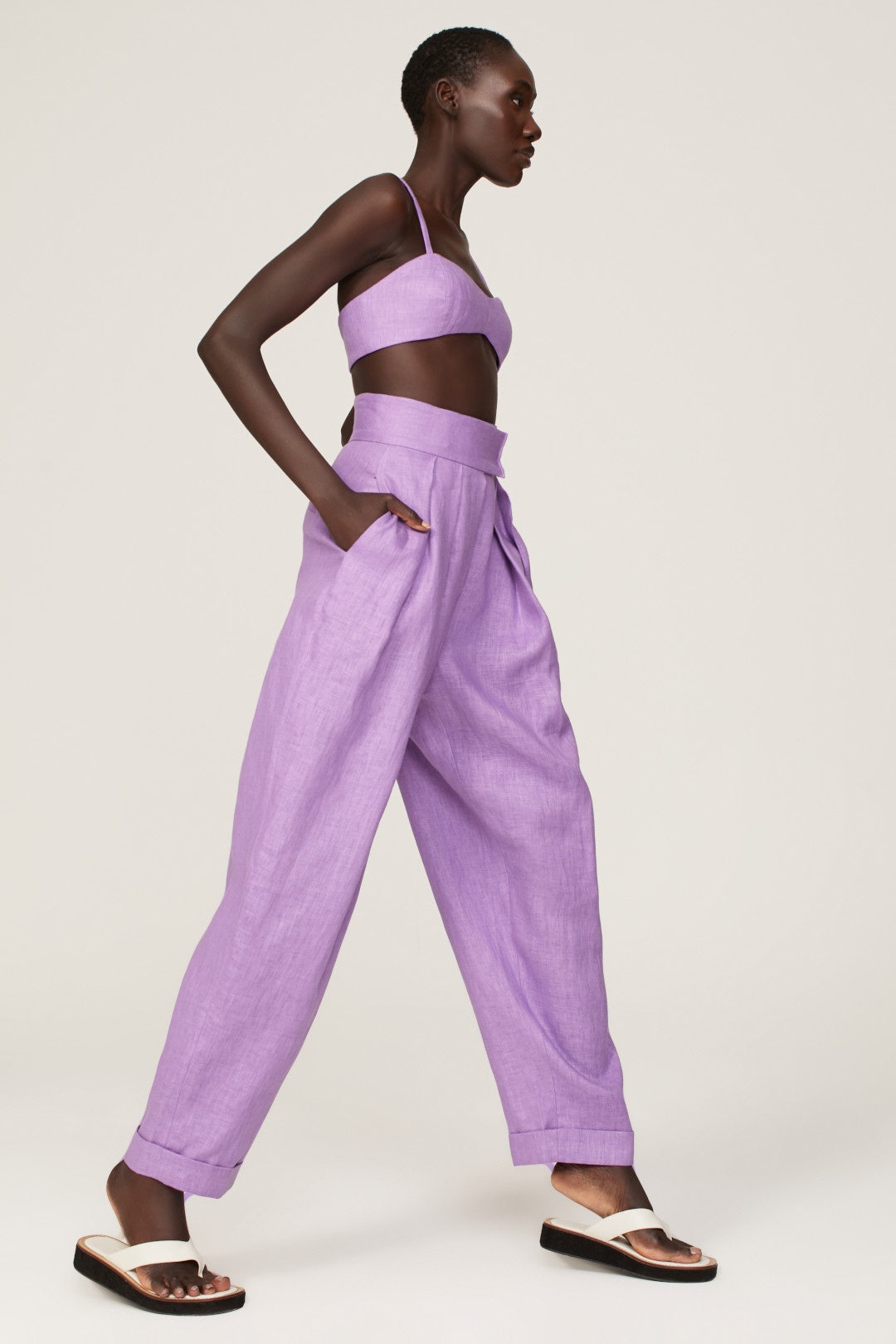 Lavender Linen Crop Top and High - Waist Wide - Leg Pants Set